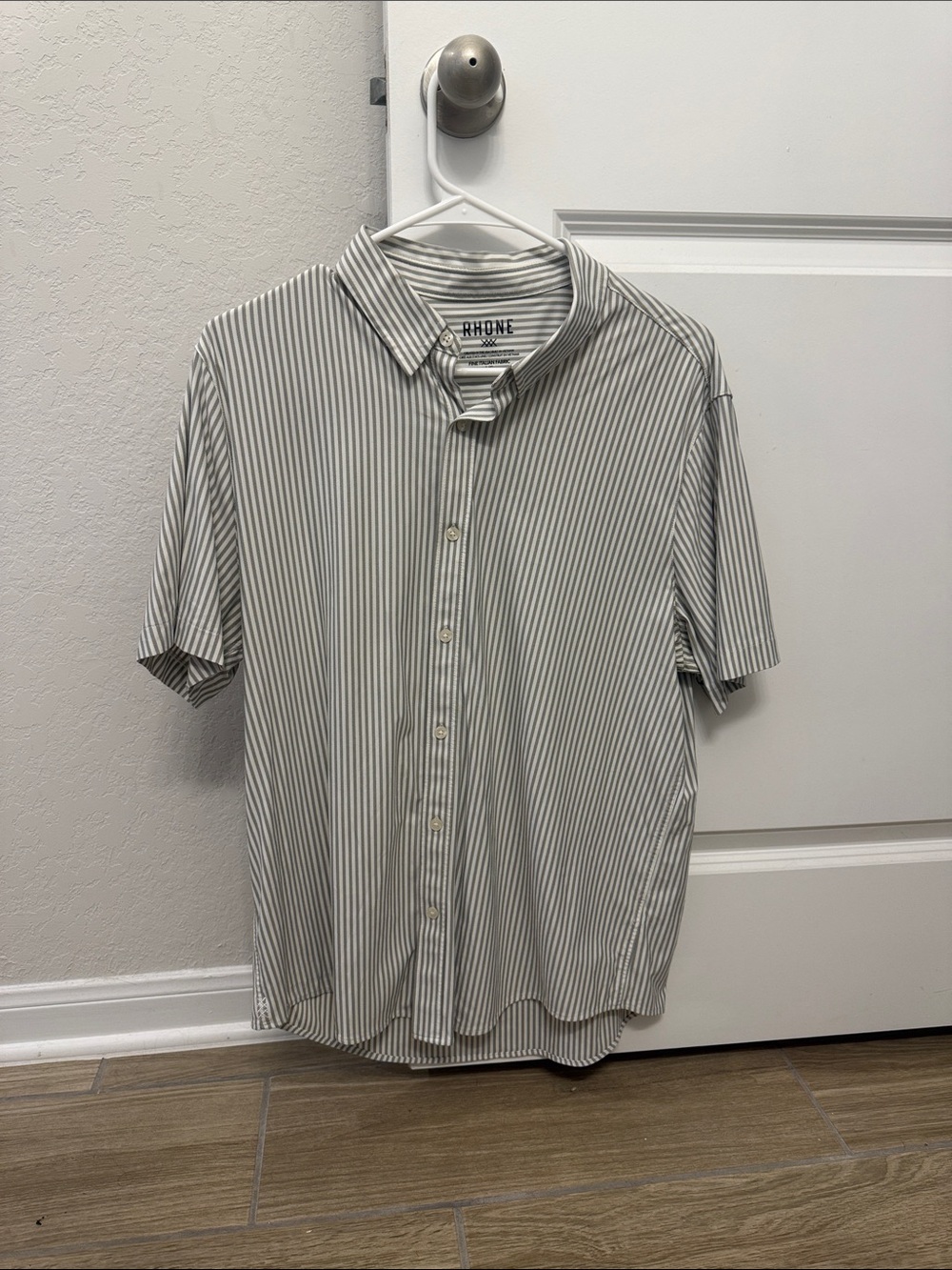 RHONE Short Sleeve Button-Down Shirt in White and Gray Stripe